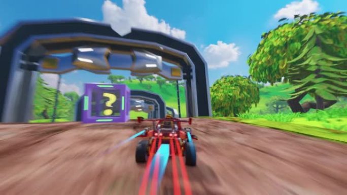 越野赛车街机视频游戏。计算机生成的3D汽车快速行驶，在砾石乡村道路上漂移和收集硬币。VFX动画。第三