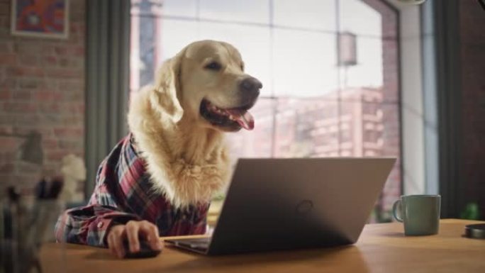 穿着方格衬衫的金毛狗坐在桌子后面，在家中的笔记本电脑上工作。人类的手正在使用键盘和鼠标。动物头有趣概