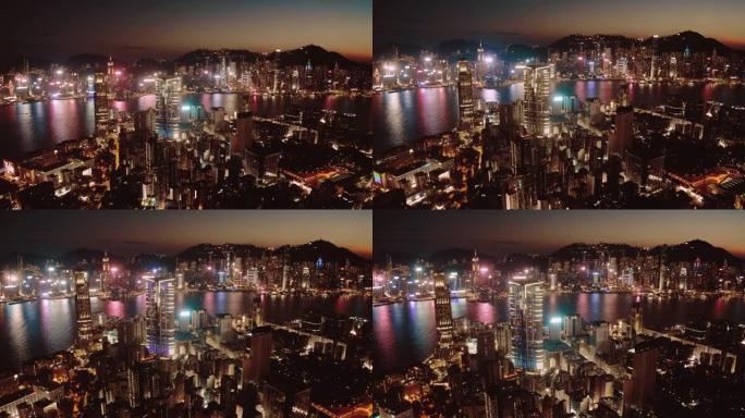 从天空看黄昏的香港城市景观