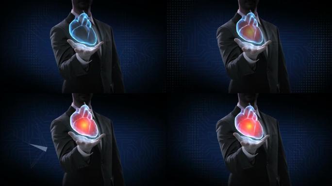 商人打开手掌，扫描多边形心。人类心血管系统，未来医疗技术。4k。