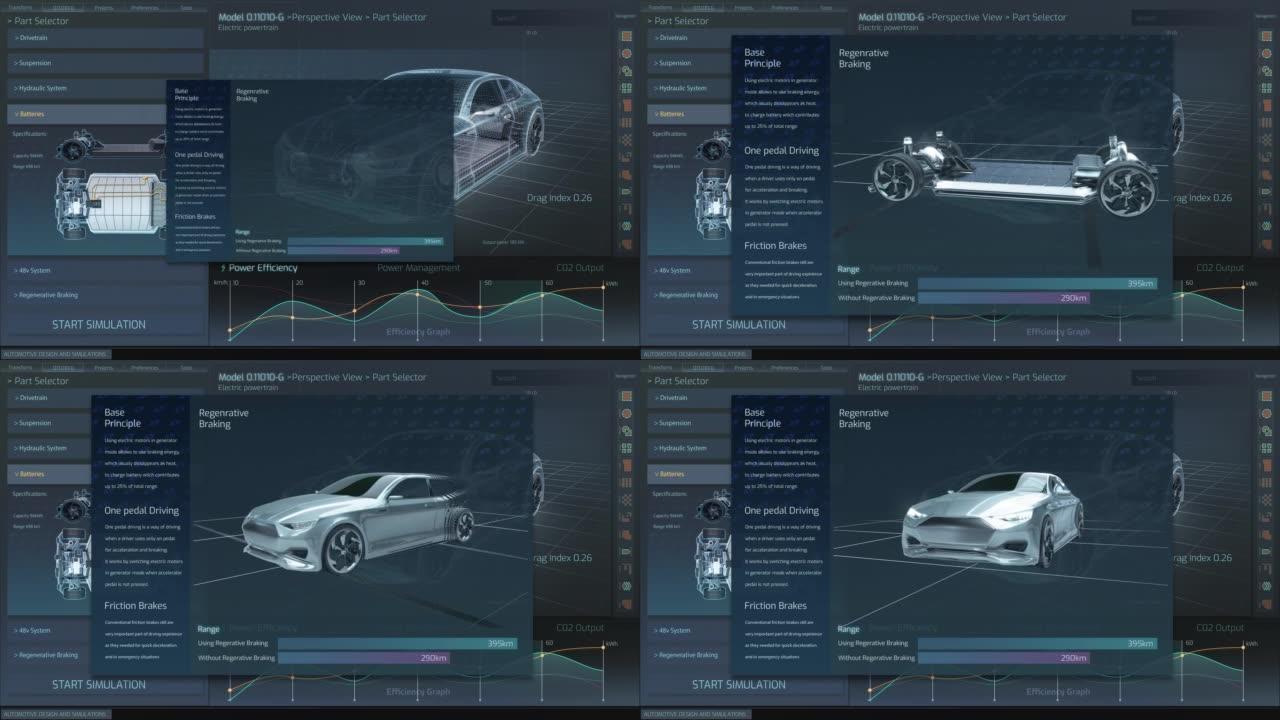 使用cad软件开发的电动汽车原型的3D图形可视化。实时动画转化为完成的未来概念工具。计算机显示器的模