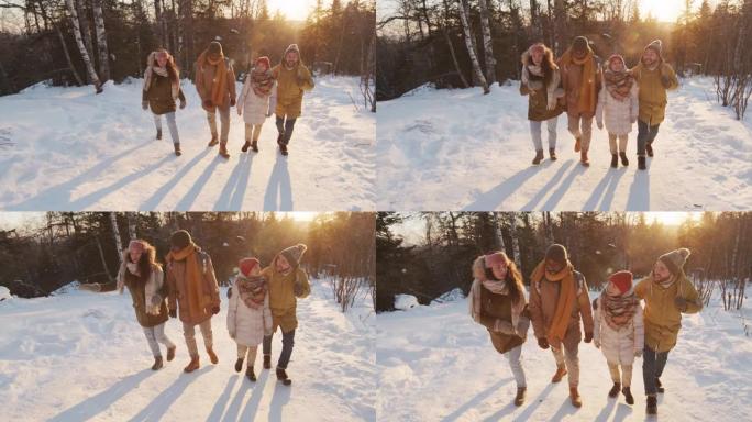 冬天在树林里散步的夫妇