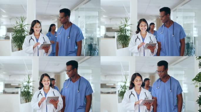 医疗保健，医生和护士在医院大厅微笑平板电脑，团队手术的建议。团队合作，医学上的女人和黑人说话，快乐的