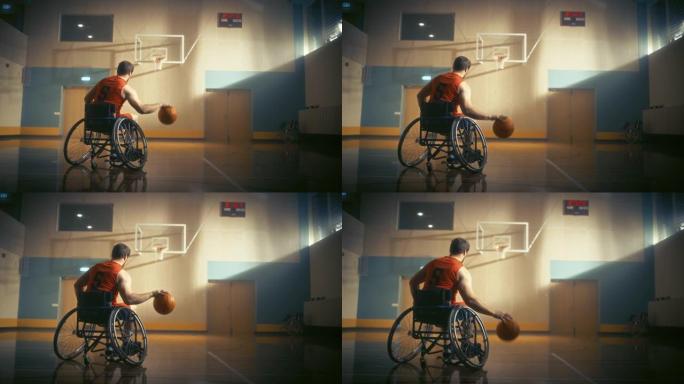 轮椅篮球运动员像职业球员一样运球，准备射门得分。在团队运动中表现出色的残疾人的决心，动机。后视图，慢