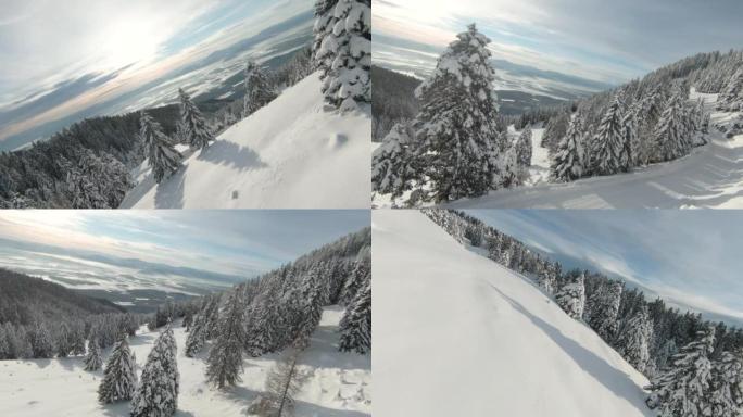 FPV无人机: 冰雪覆盖的山林和雪谷的美景