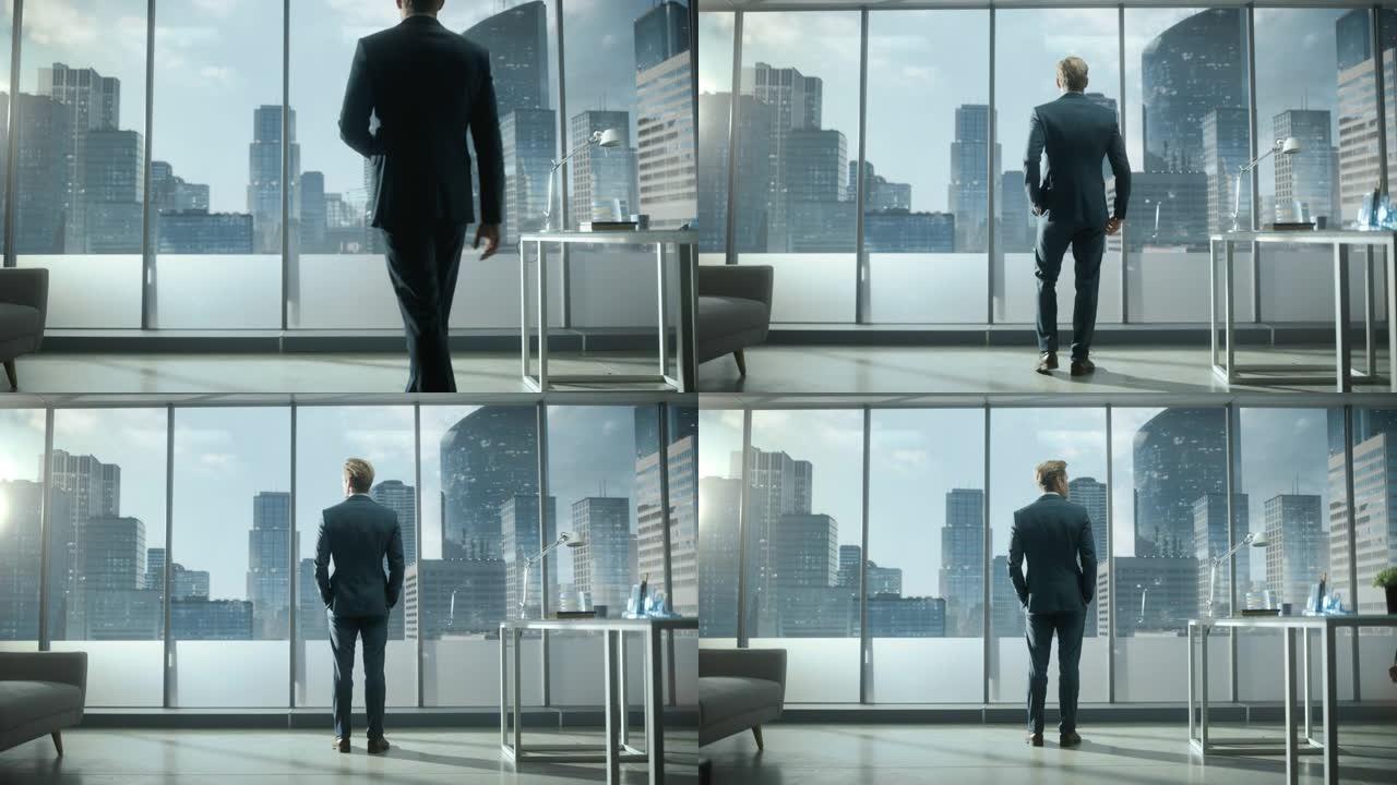 体贴的年轻商人穿着一套完美的西装，站在他现代的办公室里，看着窗外的摩天大楼。成功的财务经理计划项目策