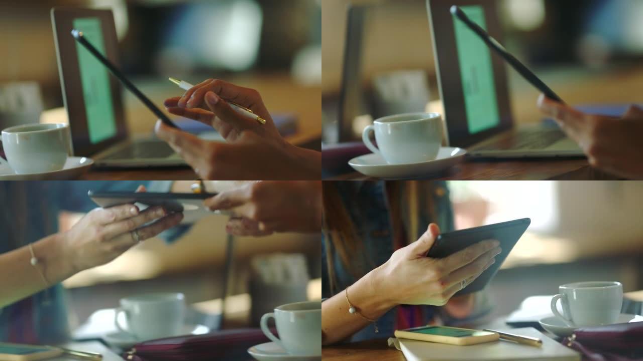 双手，平板电脑和团队合作的女性在cafe进行网页设计合作伙伴关系，协作和会议为UX技术初创公司。数字