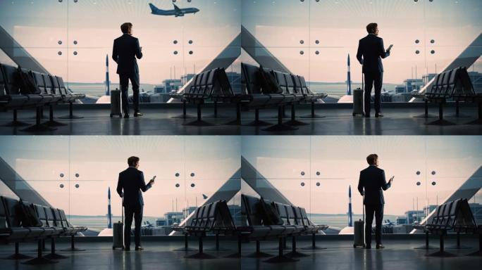 机场航站楼: 带滚动行李箱的商人，使用智能手机应用程序进行电子商务。旅客的后视图轮廓在飞机枢纽的登机