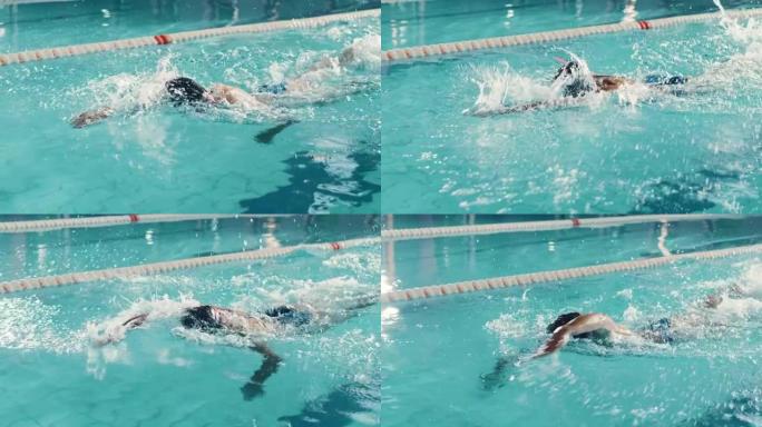 美丽的女游泳者使用前爬行，在游泳池自由泳。专业运动员训练赢得冠军。电影慢动作，时尚色彩，艺术高角度跟