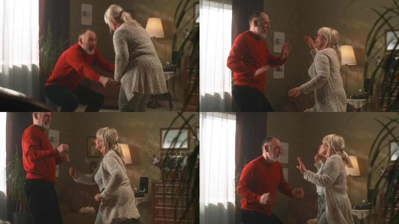精力充沛的老年夫妇在家跳舞