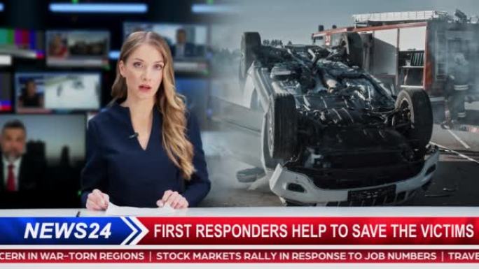 突发电视新闻直播报道: 女主持人与救援队谈论 “消防员拯救车祸受害者”。电视节目频道播放。Luma哑