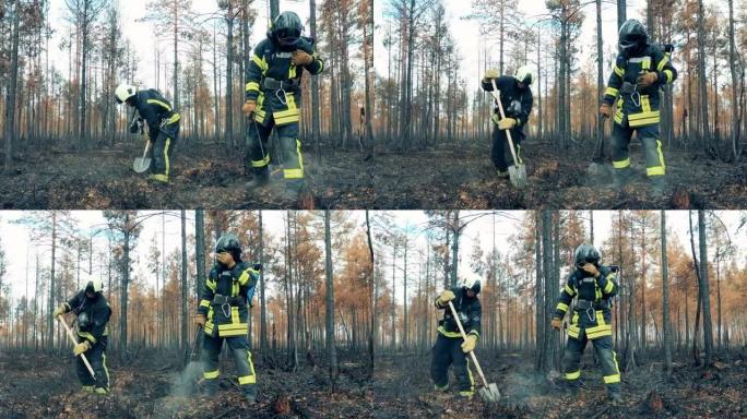 消防员，消防员，森林火灾概念。火灾发生后，两名消防员正在处理森林。