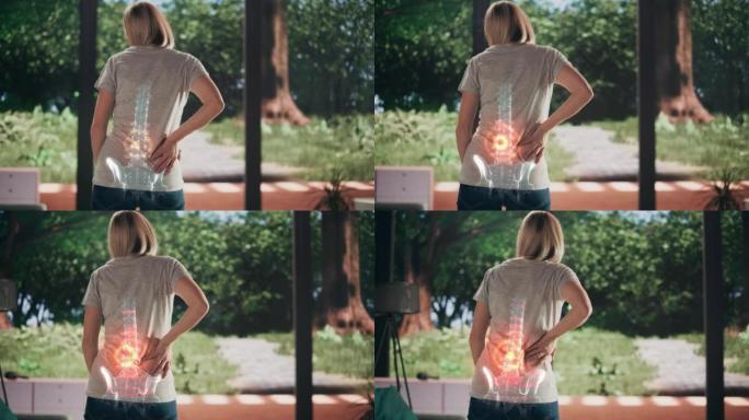 VFX背痛增强现实动画。特写女性因脊柱创伤或关节炎而感到不适。按摩和伸展背部以减轻伤害。