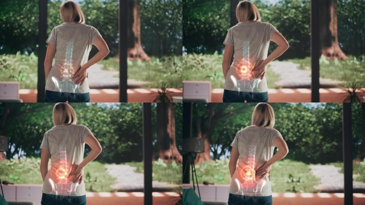 VFX背痛增强现实动画。特写女性因脊柱创伤或关节炎而感到不适。按摩和伸展背部以减轻伤害。