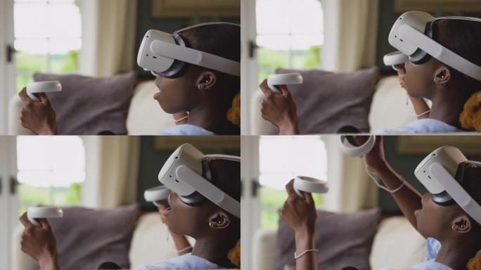 女人在家躺在沙发上戴着带控制器的VR耳机，并与AR技术互动