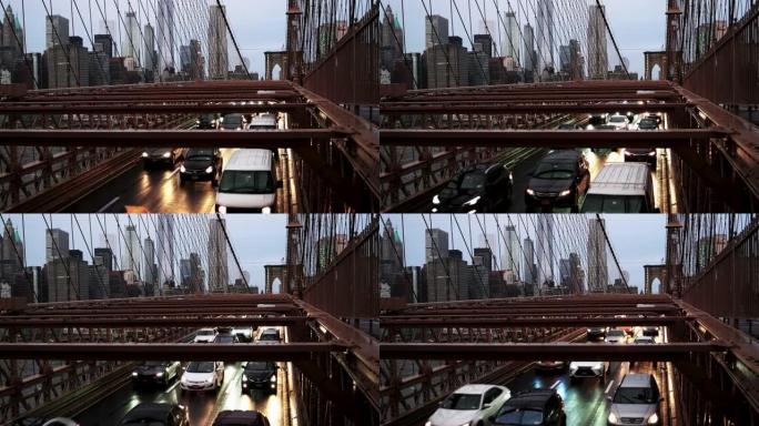 T/L曼哈顿城市天际线和黄昏时布鲁克林大桥的交通