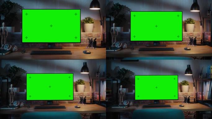 缩小现代个人电脑显示器的镜头，色键绿屏显示站在舒适的家庭办公室的桌子上。客厅由室内设计师创造，品味和
