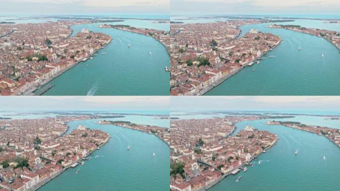 意大利日落时威尼斯城市天际线的鸟瞰图。旅游景点。