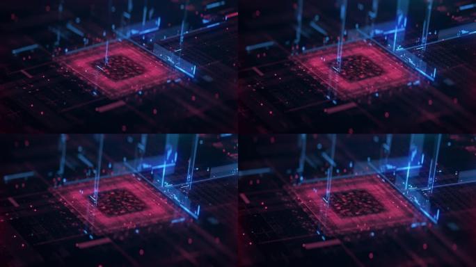 技术背景CPU电路3D可视化人工智能处理器电源。彩色蓝色和红色数字化进程。未来板芯片虚拟计算机动画特