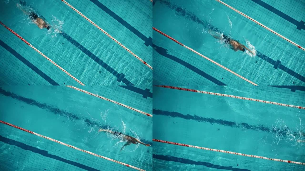 空中俯视图: 游泳池中肌肉发达的男性游泳者。专业运动员以仰泳的方式游泳，在训练中决心赢得冠军。电影慢