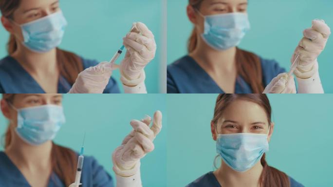 一名护士戴着口罩，使用注射器抽取Covid疫苗的4k视频片段
