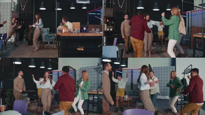 快乐的年轻兴奋的老板女商人进入办公室受到同事的欢迎，他们跳舞庆祝成功慢动作。