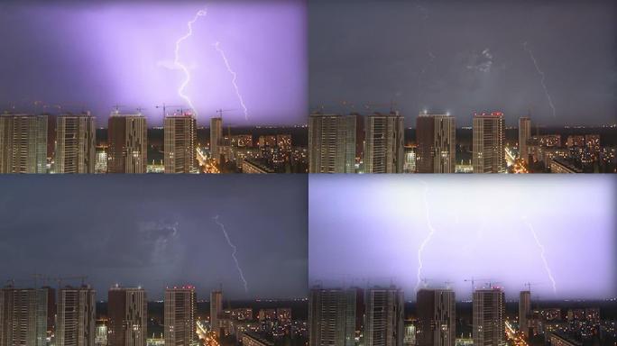 强烈的雷雨和明亮的闪电在城市上空。时间流逝