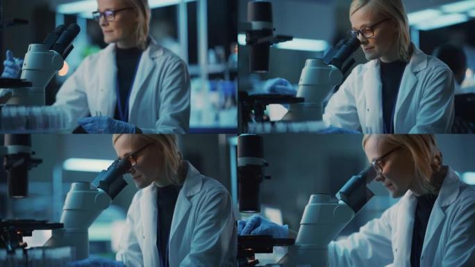 女性研究科学家使用微量移液管在显微镜载玻片上提取样品，并在现代实验室的示波器下观察。科学家在技术和计