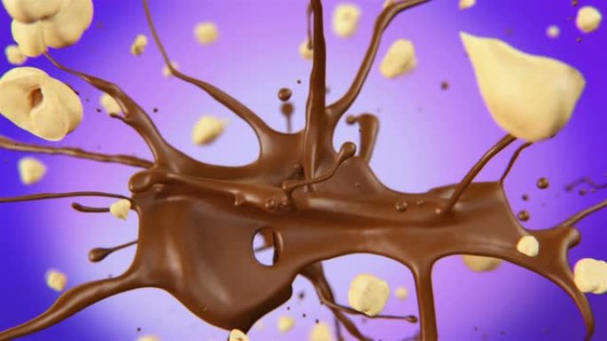 新鲜榛子在慢动作4K的液体巧克力中爆裂