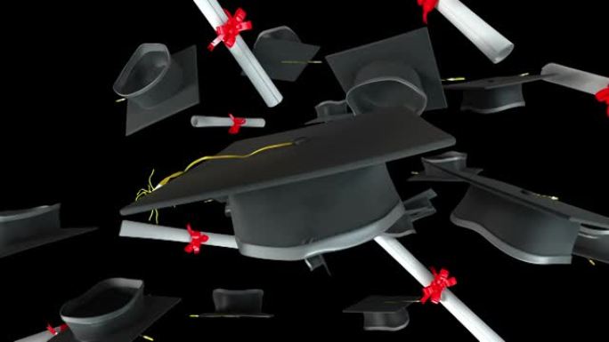 在4k慢动作中投掷带有色度键和阿尔法通道遮罩的学校毕业生帽子
