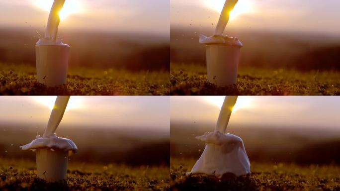 日落时将牛奶洒到草地上的玻璃杯中的超级SLO MO时间扭曲镜头