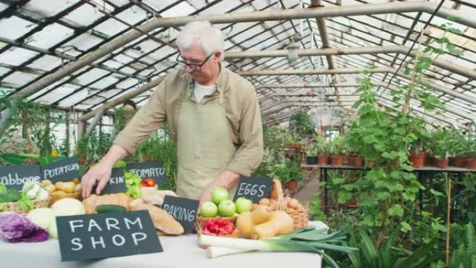 在温室中出售新鲜农产品的高级男性农民