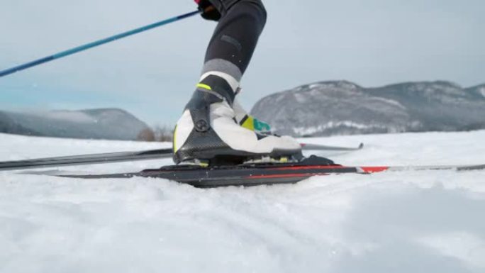 低角度，DOF: 运动的年轻女子在寒冷的Bohinj训练北欧滑雪。