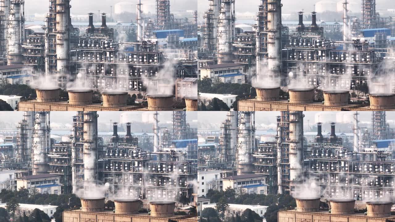 化工厂管道鸟瞰图工业炼油管道中石油储存罐