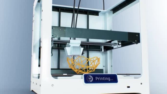 3d打印机机器制作体积几何图形。工作过程印刷插图。现代自动制作技术精美3d动画延时工业概念