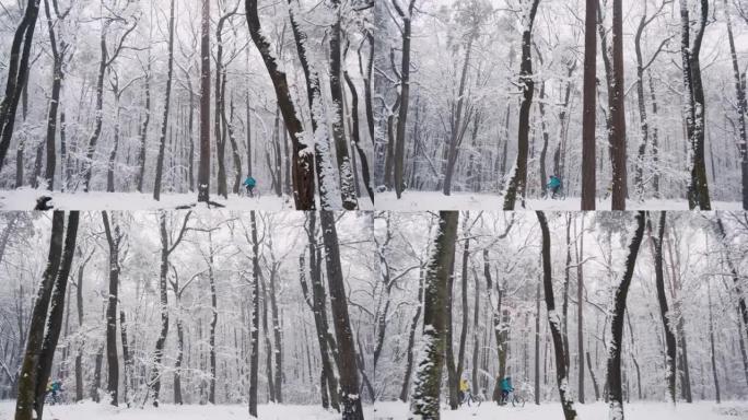 两名骑自行车的人骑着自行车穿越冰雪覆盖的森林。