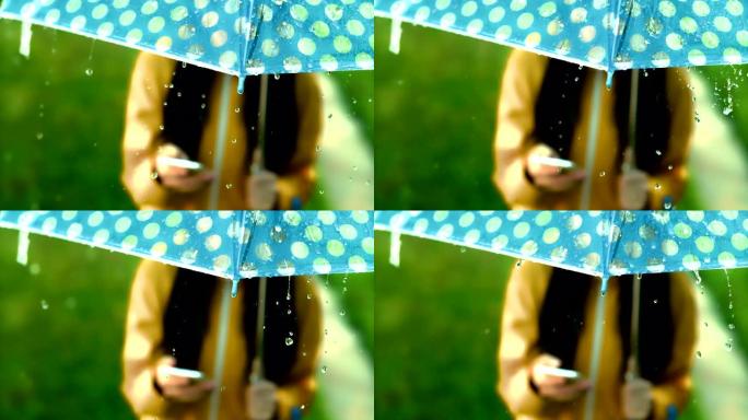 超级SLO MO无法识别的女人在雨中使用智能手机
