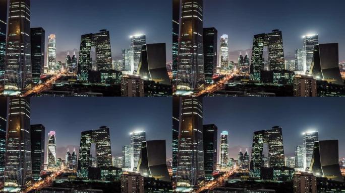 夜间北京天际线和市中心的T/L鸟瞰图/中国北京