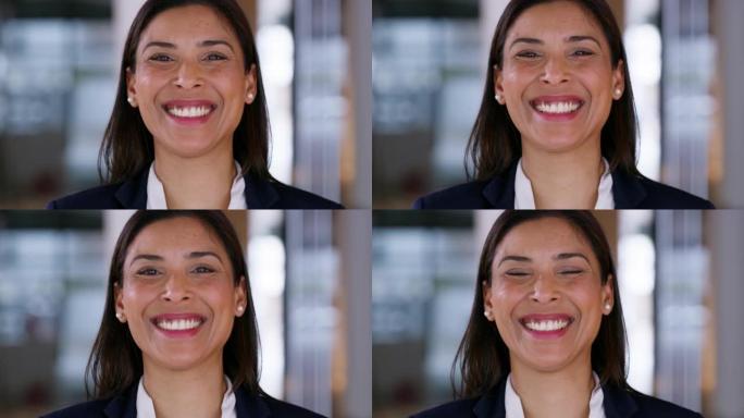 微笑，面孔肖像和商业女性，企业家和现代办公室的领导者，对未来的目标，使命或目标抱有远见。女性，来自印