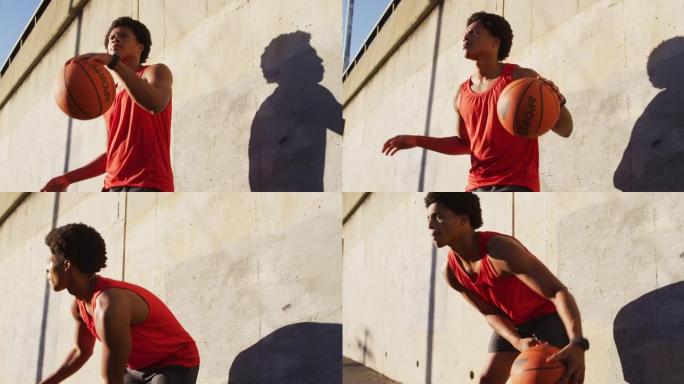 适合非裔美国人在城市户外锻炼，弹跳篮球