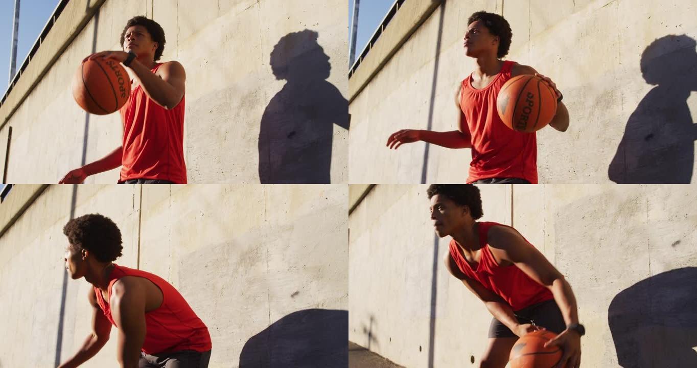 适合非裔美国人在城市户外锻炼，弹跳篮球