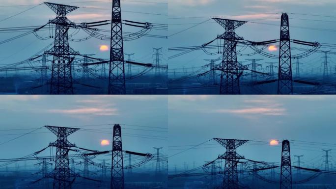 电动塔架的鸟瞰图特高压电线塔电力电网输电