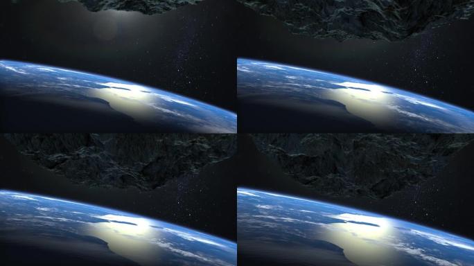 小行星落在地球上。一颗小行星出现在框架中。星空。4K.星星闪烁。3d渲染。NASA