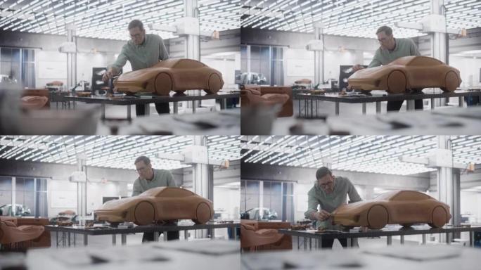 一位英俊的汽车设计师的肖像，开发了一辆新量产车的3D粘土模型。专业成年男子使用刮刀使原型概念车的边缘