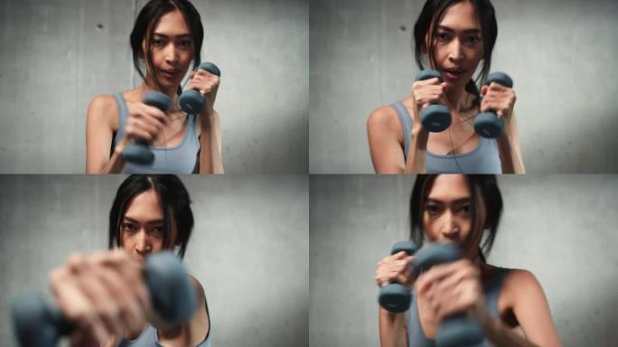 在线锻炼服务: 强大的亚洲女性训练，哑铃练习，太极拳，与假想敌战斗，真正的不公正，偏见。充满活力的电