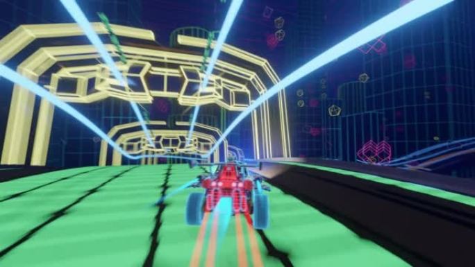 渲染多边形空间中的越野赛车视频游戏的游戏玩法。计算机生成的3D汽车在未来的道路上快速行驶和漂移。VF