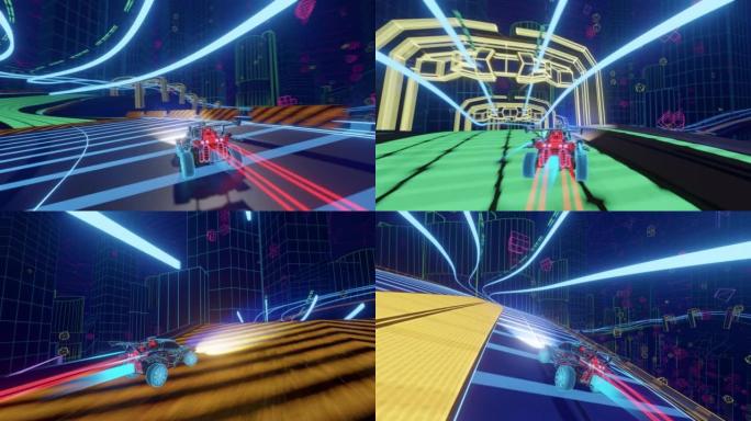 渲染多边形空间中的越野赛车视频游戏的游戏玩法。计算机生成的3D汽车在未来的道路上快速行驶和漂移。VF