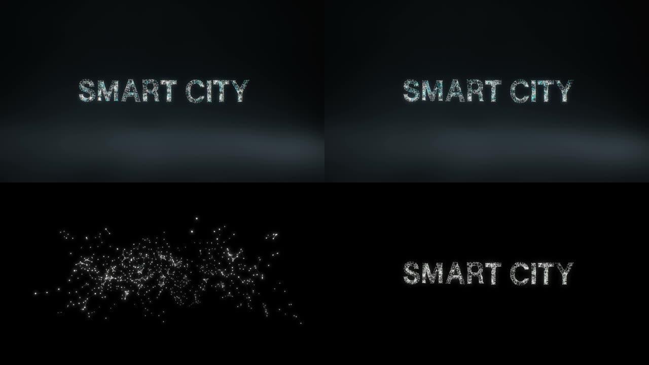 许多点聚集在一起，创建了一个 “智能城市” 错字的低多边形网络。4k动画。