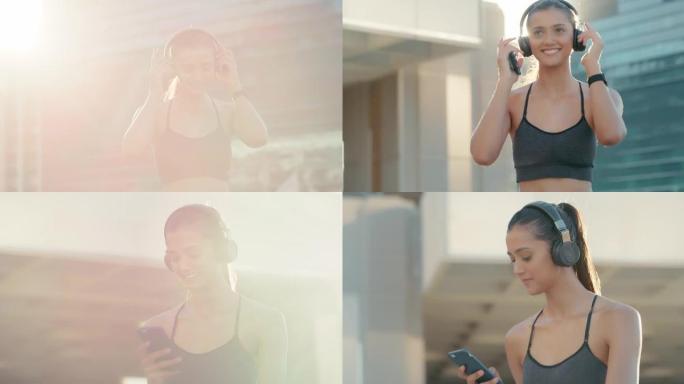 4k视频片段，一名运动的年轻女子在外出跑步时使用手机并戴着耳机
