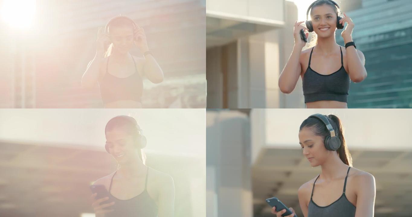 4k视频片段，一名运动的年轻女子在外出跑步时使用手机并戴着耳机